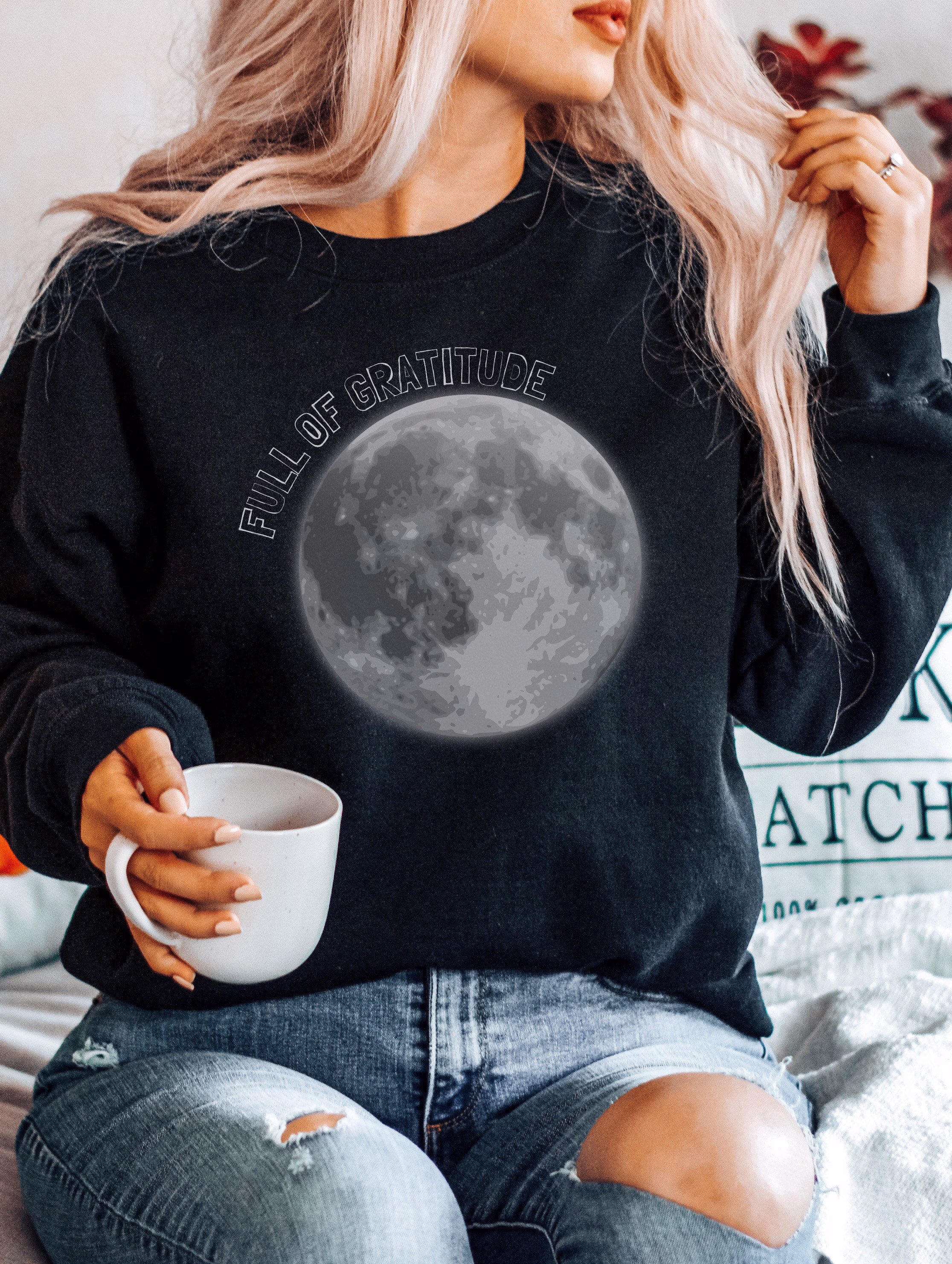 Full Of Gratitude Unisex Heavy Blend Crewneck Sweatshirt, Moon Child Sweatshirt, Boho Moon Sweatshirt