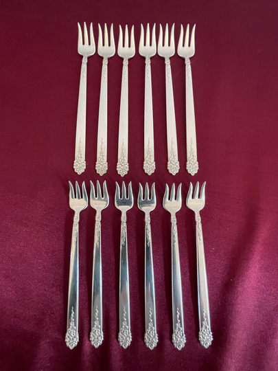 12Pc Silver Plated Cocktail Or Seafood Forks, Moss Rose Pattern By National Co
