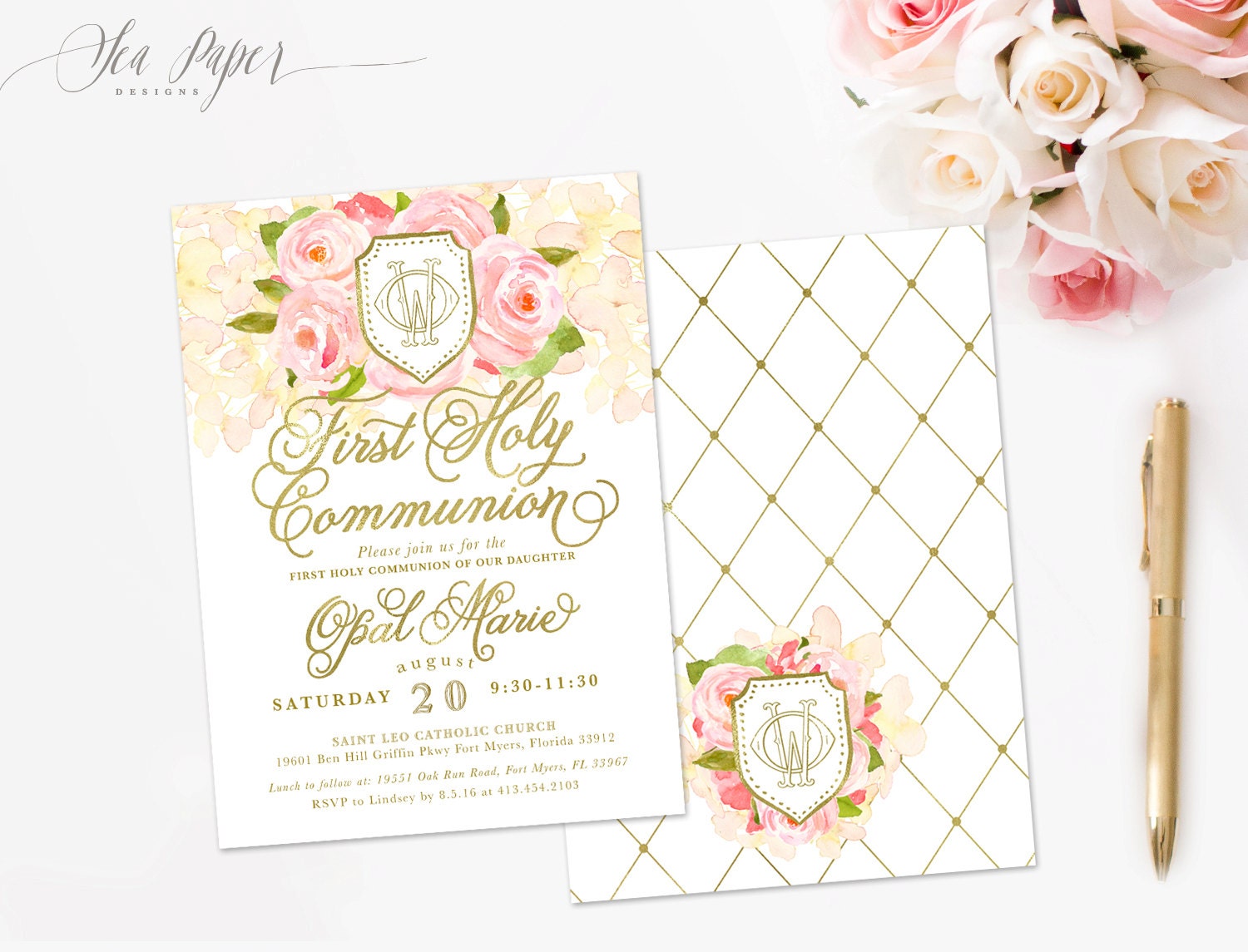 Opal Girl First Holy Communion Invitation Garden Pink Roses, White Peach Hydrangeas, Gold Invite, Baby Or Child, Digital Printed
