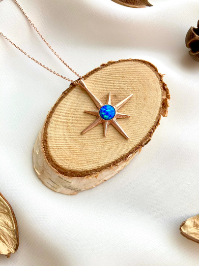 Silver Opal North Star Necklace, Blue Gift For Her, Stone Necklace