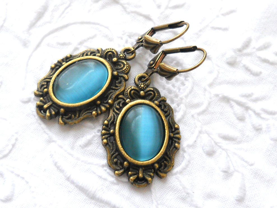 Turquoise Victorian Earrings & Bronze Jewelry Teal Dangle