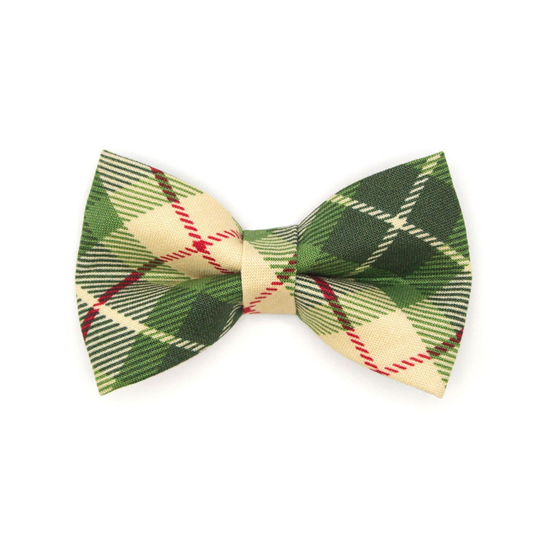 Cat Bow Tie - Linden Buttercream + Leaf Green Plaid For Collar/Fall, Winter, Christmas Cat, Kitten Small Dog Bowtie"