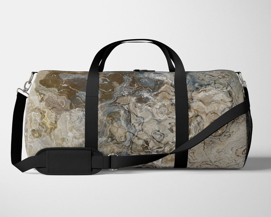 Travel Bag With Abstract Art, Lined Fabric Duffel Padded Strap, Overnight Weekender in Brown, Gray, White, Stone Poem