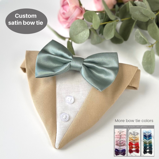 Tan Dog Tuxedo, Custom Satin Bow Tie With Tan Suit Satin Tie, Dog Wedding Attire, Ring Bearer