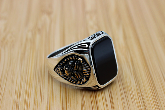 Onyx Ring, Men's Handmade Turkish Silver Lion Jewelry, Gift For Him, 925K Sterling Ring