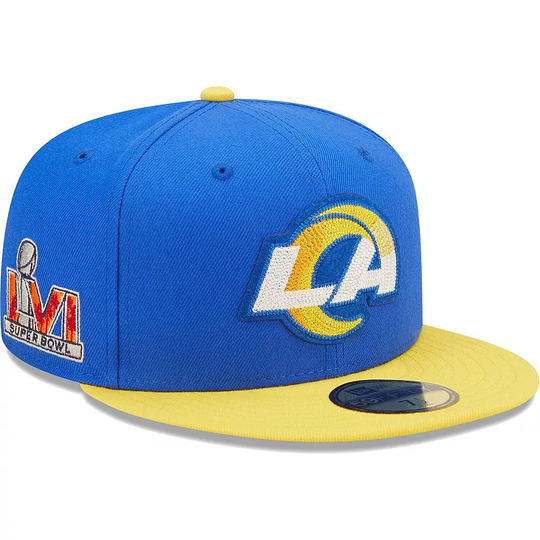 Men's New Era Royal/Gold Los Angeles Rams Super Bowl LVI Letterman 59FIFTY Fitted Hat, Size: 7 3/4, Blue