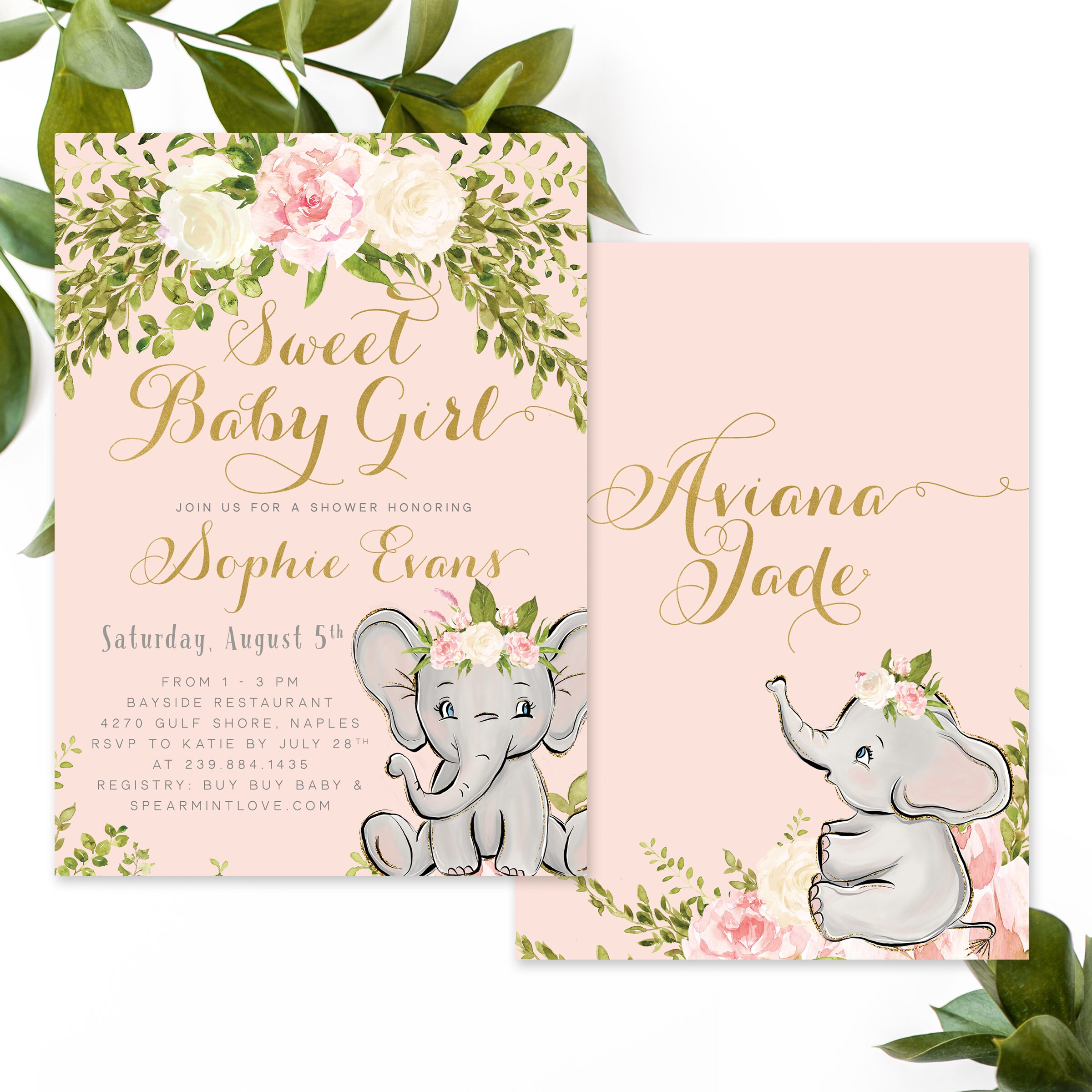 Elephant Baby Shower Invitation Girl, Girl Invite, Blush Pink & White Floral With Greenery - Sophia