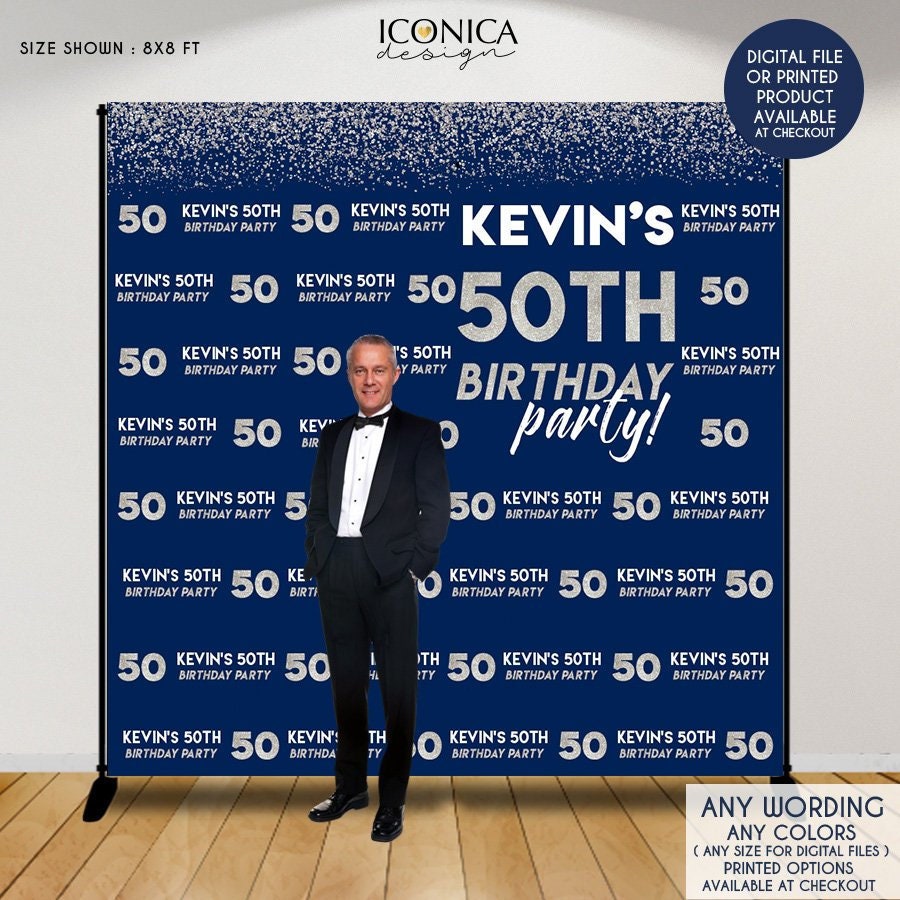 Birthday Photo Booth Backdrop, 50Th Party Decor, Blue & Silver Backdrop, Any Age Or Color, Printed Printable File