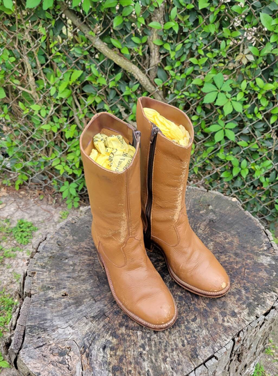 Vintage 70S Tan Platform Wood Heel Campus Boots Goodyear Heels 7/Vintage Distressed Leather Boho City Boots/Hipster
