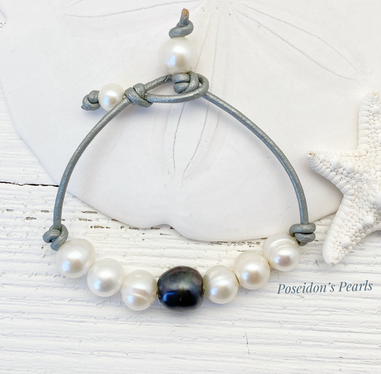 Womens Pearl Leather Bracelet, Silver Bracelet With Freshwater Pearls, Gift For Women June Birthday, Unique Boho Beach