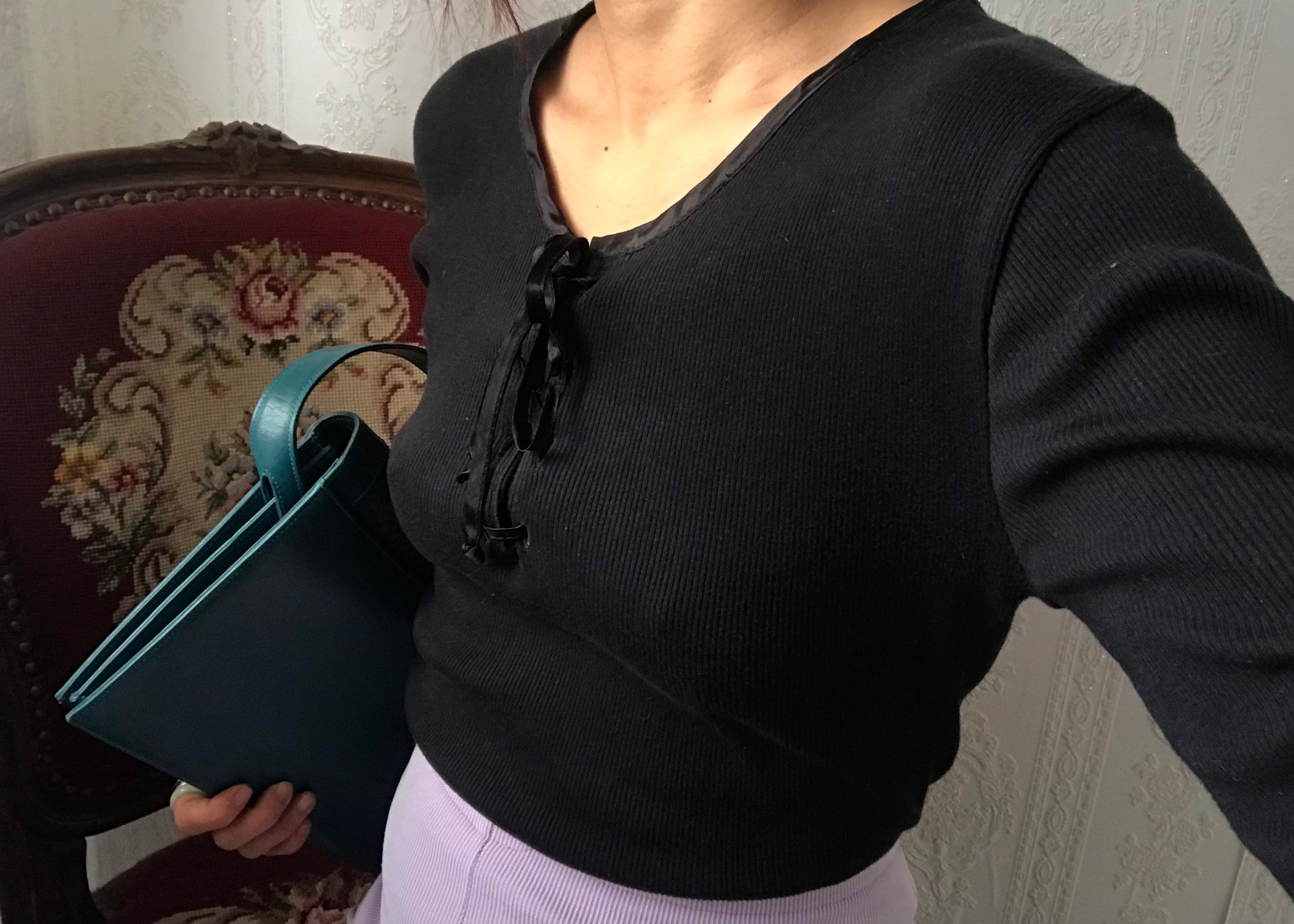 Vintage Black Ribbed Cotton Blend Long Sleeve Bodysuit/ Body/ Top/ M
