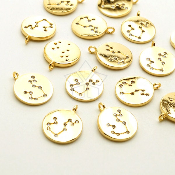 Pd-1840-Gd/2 Pcs - Zodiac Sign Charm, Cz Constellation Disc Pendant, Aquarius, January, February Birthday, Gold Plated Brass 10mm