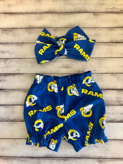 Los Angeles Rams Inspired Football Headwrap Headband Toddler Bows Big Bow Baby Infant Little Girl Newborn Headwraps Bummies Bloomers Shorts