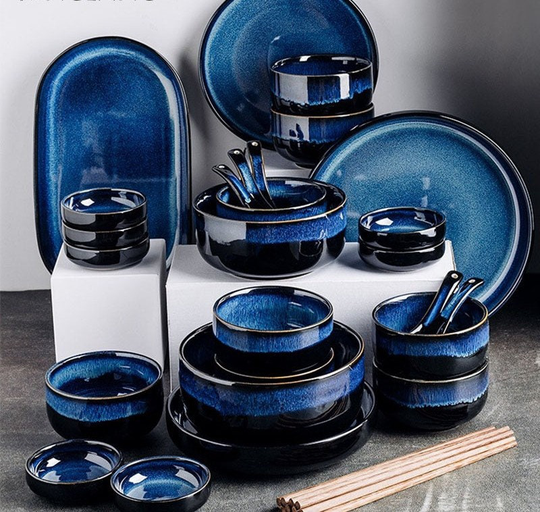 Kiln Glazed Ceramic Dinnerset, Japanese Style Star Blue Color Rice Ramen Soup Bowl, Dinner Plates Set