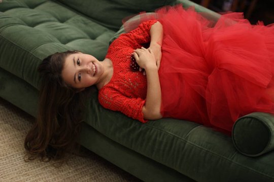 Red Christmas Holidays Gown With Assymetric Tulle Skirt