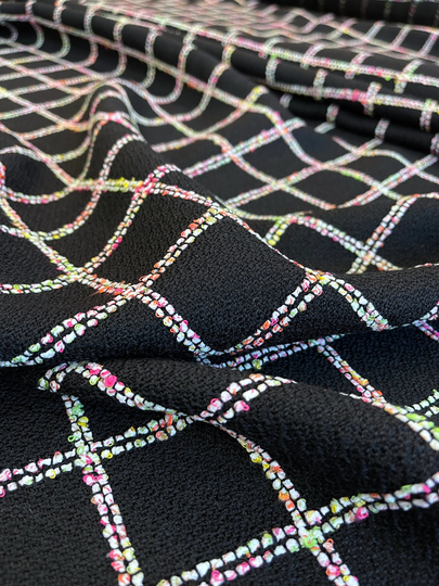 Black Tweed Fabric, Wool Blend Check Boucle, Pink White Green Textured Rainbow Windowpane, For Suit, Coat, Jacket, By 3.0 Meter