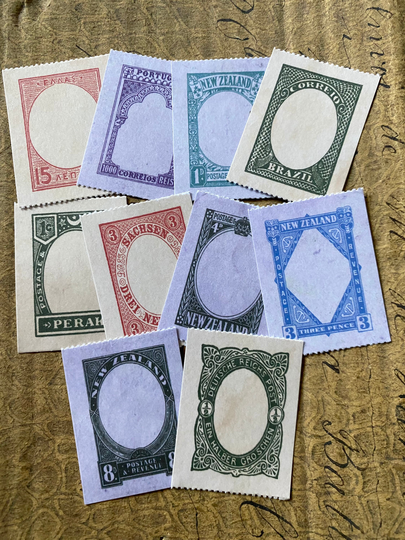 10Pcs Blank Label Stamps Vintage Style Faux Postage Ornate Design Border Stylistically Aged Self-Adhesive Stickers Perforated Edges No. 2