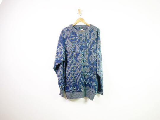 Vintage Tris Line Wool Alpaca Blend Blue Gray 80's Men's Sweater, Made in Italy, 50" Chest Large