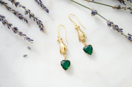 Gold Victorian Hand Earrings, Vintage Brass Crystal Green Heart Gothic Drop Dark Academia Handmade Jewelry