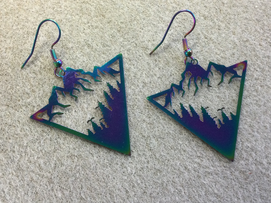 Rainbow Ionized Mountain Wilderness Earrings, Multi Color Stainless Steel Hook Laser Cut Steel, Iridescent Ombré Forest Charm