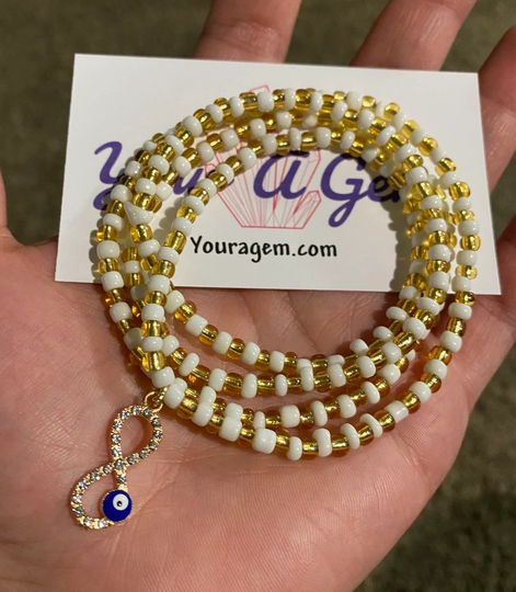 Evil Eye Waist Beads, Crystal Infinity, Gold & White, Waist Eye, Blue Evil Eye Waistbeads