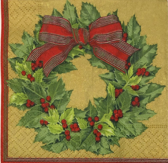 Holly Leaves & Berries Wreath Napkins Christmas For Decoupage Card Making, Journals