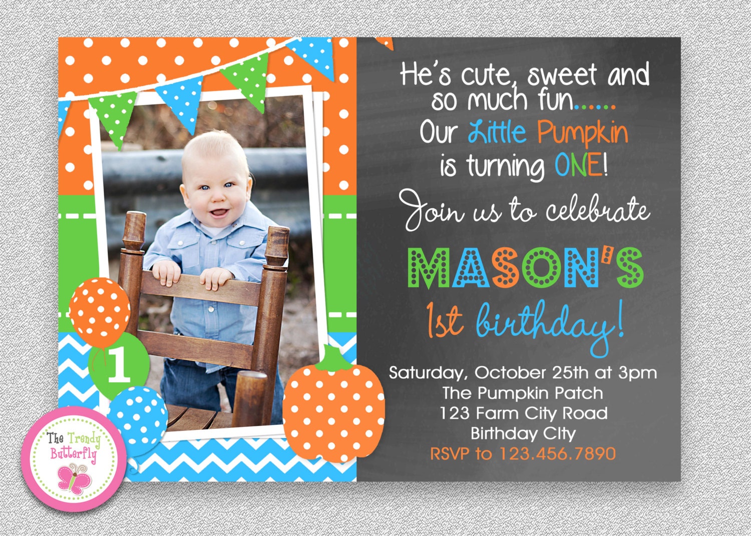 Boys Pumpkin Birthday Invitation , Fall 1st Party Invitation, Photo Printed