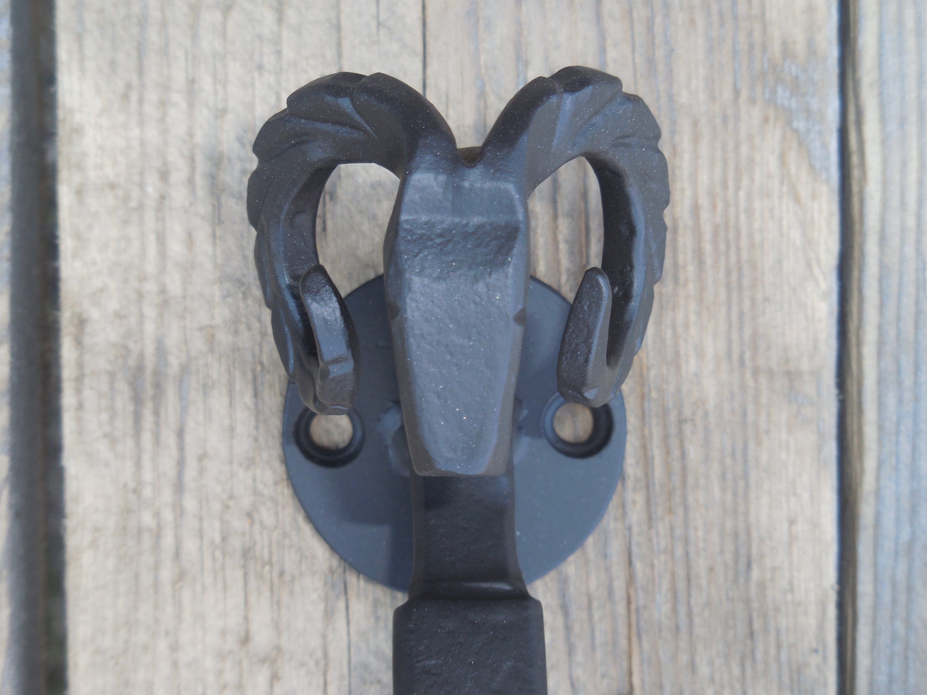 Set Of 2 Hand Forged Door Pulls, Ram's Head, Blacksmith Made, Wrought Iron, Steel Gate & Shed Handles, Entrance Pull Handle