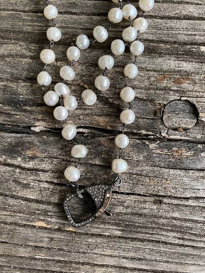 Fresh Water Pearl Beaded Necklace With Pave Diamond Clasp