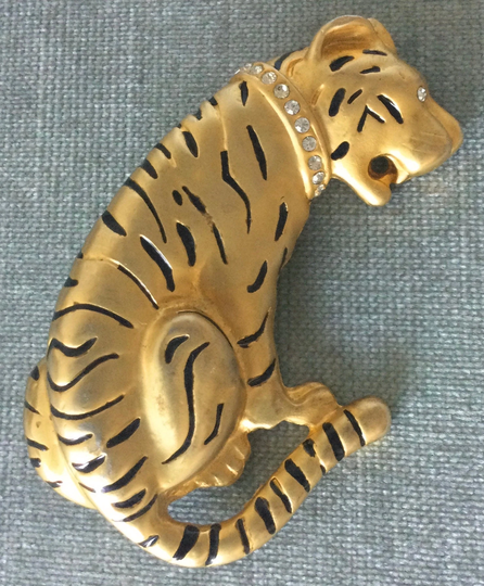 Large Doreen Ryan Tiger Black Enamel Diamanté Crystal Rhinestones Brooch Pin Gold Metal Vintage Runway Couture Designer Animal Cat Statement