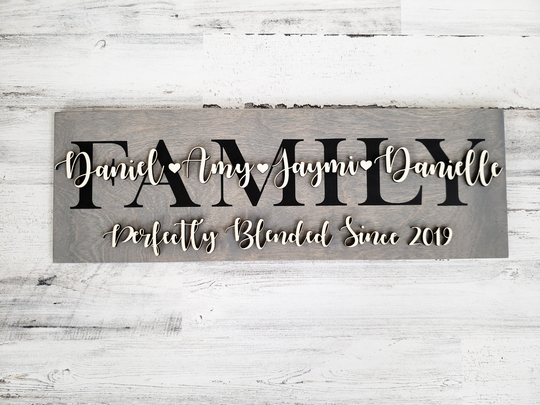 3D Blended Family Wood Sign | Family Last Name With First Names Home Decor Sign Blended Family