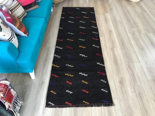 Black Rug, Turkish Kilim Area Hallway Vintage Kitchen Runner, Floor Outdoor Rug, 2.8 X 8.8 Ft Rk 11265