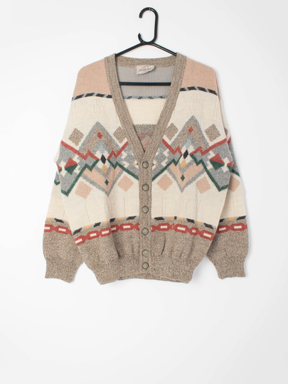 Vintage Wool Blend Aztec-Inspired Cardigan By Suspense Knitwear - Medium/Large