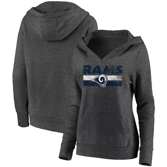 Women's Fanatics Branded Heathered Charcoal Los Angeles Rams First String V-Neck Pullover Hoodie, Size: Medium, LAR CHARCO