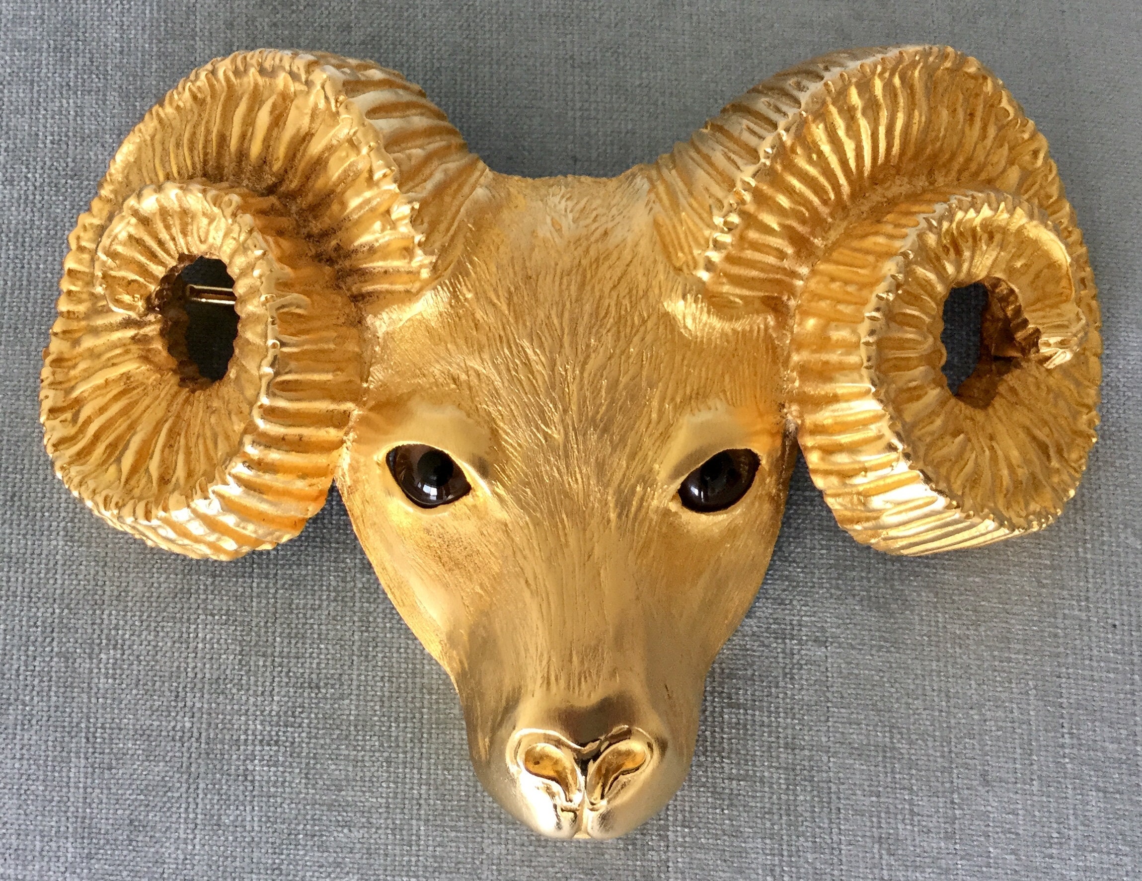 Iconic Margarita Barrera Signed Ram's Head W/Glass Eyes Gold Metal Belt Buckle Vintage Designer Runway Couture Huge Massive Animal Statement