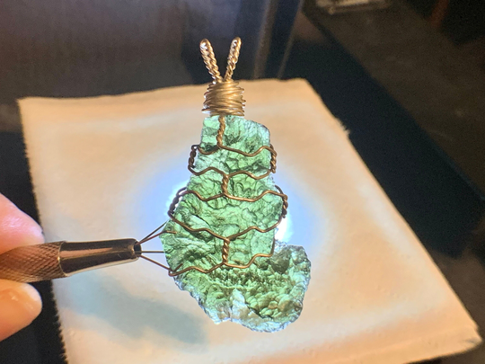 14.28 Gram Top Grade Chlum Moldavite Pendant, Wrapped in Sterling Silver Wire