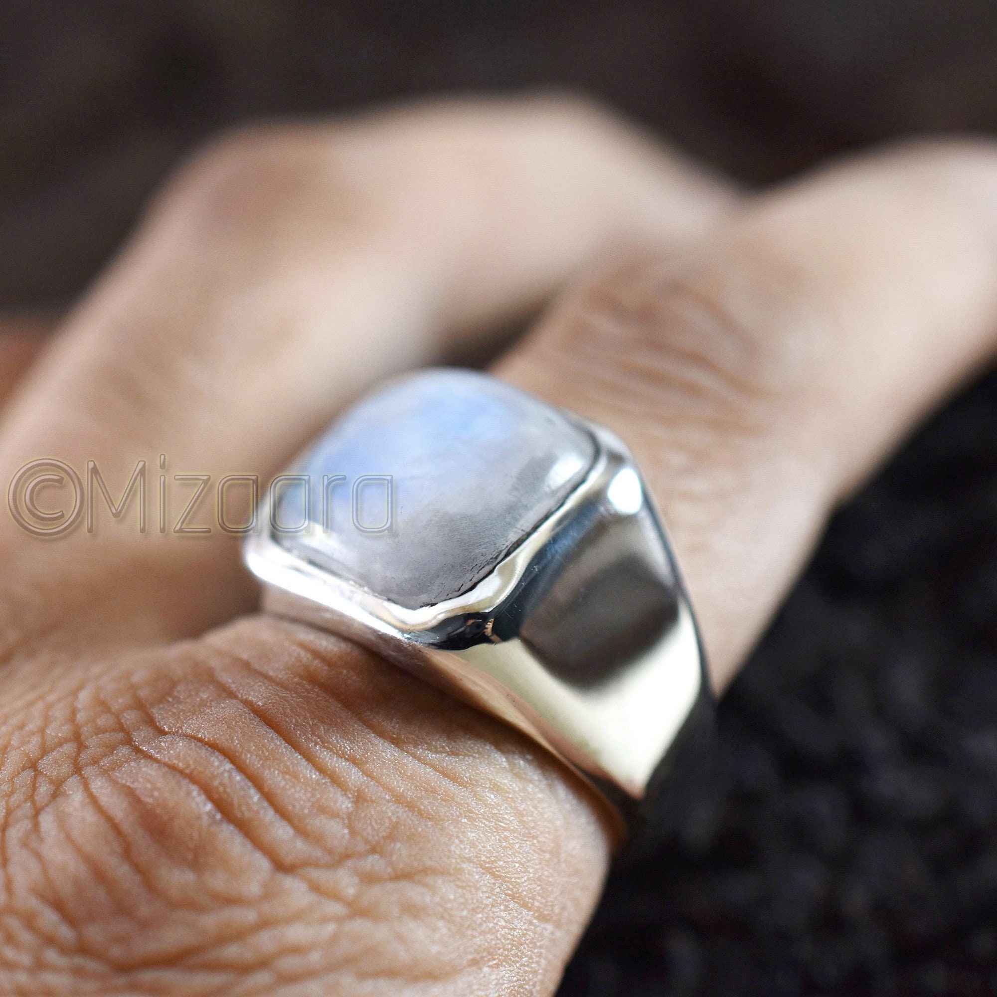 Rainbow Moonstone 925 Sterling Silver Blue Fire Cushion Gemstone Ring Heavy Men's Huge Man's Boys