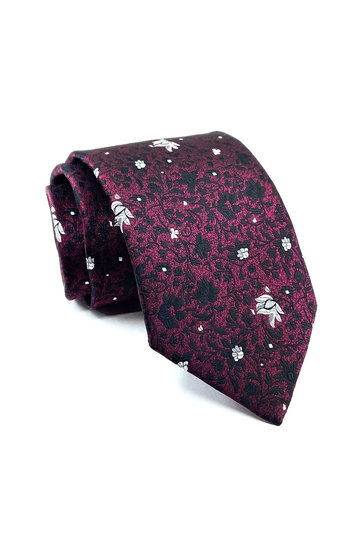 Floral Design Burgundy Necktie, Men's Tie, Wedding Tie With Pocket Square, Groomsmen Gift For Groom, Birthday Necktie