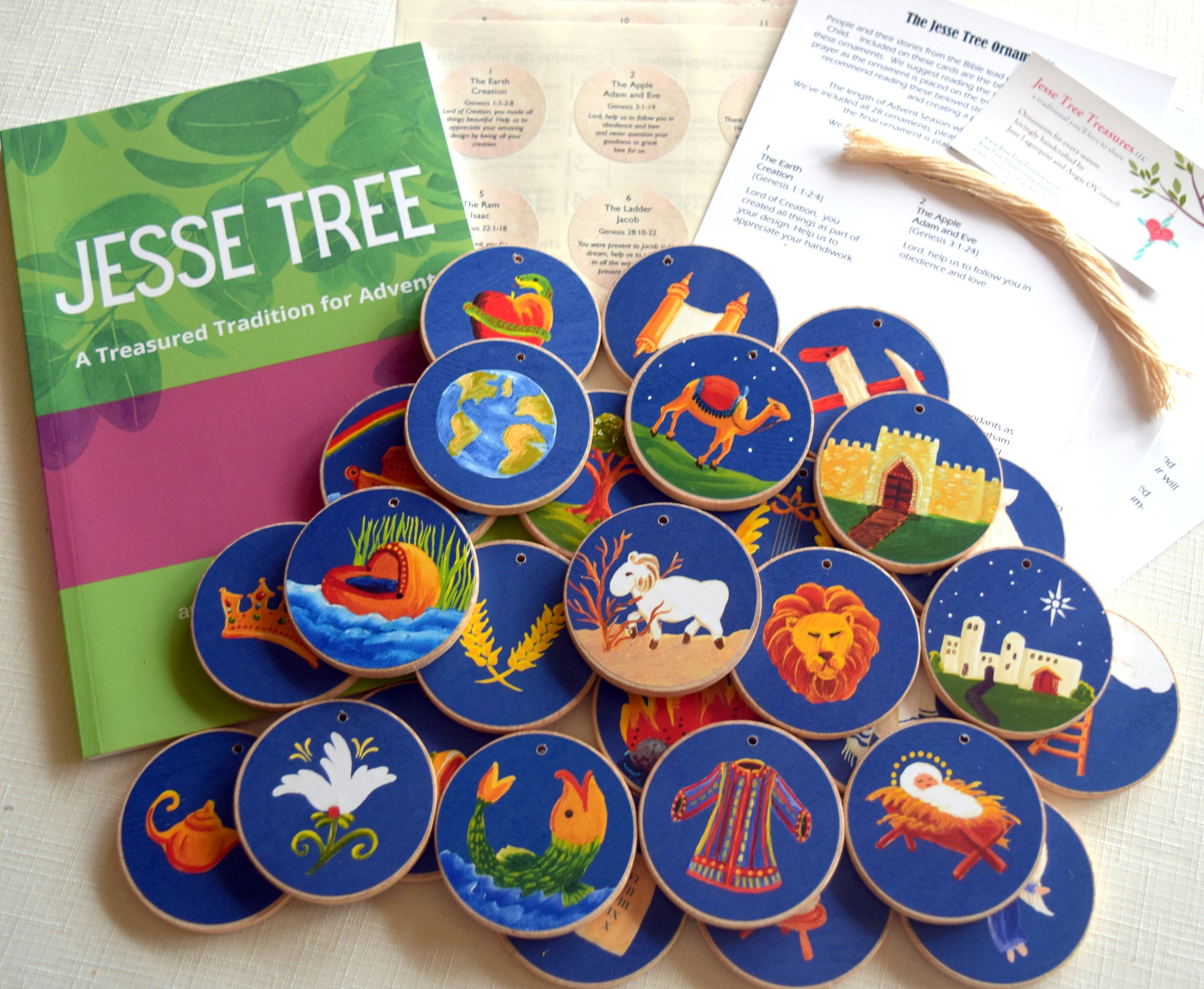 Advent Jesse Tree Book 6x9 & Blue Ornaments- Storybook Set -With Sticker Backs- Ready To Ship - Christian Calendar