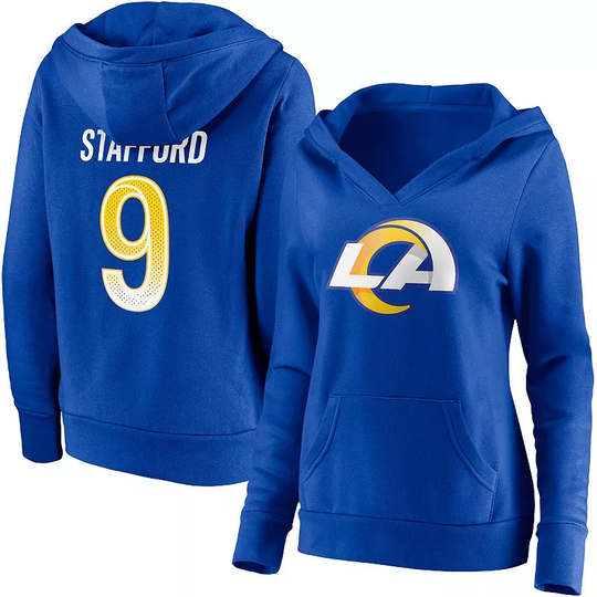 Women's Fanatics Branded Matthew Stafford Royal Los Angeles Rams Player Icon Name & Number V-Neck Pullover Hoodie, Size: 3XL, Blue
