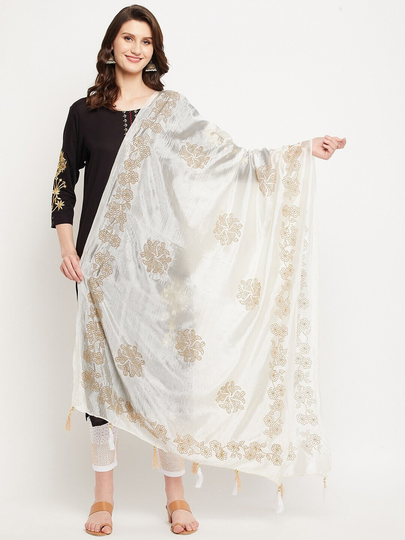 Women's Silk Blend Cream-Coloured Floral Embroidered Dupatta Sequinned, Embellished Border Free Shipping