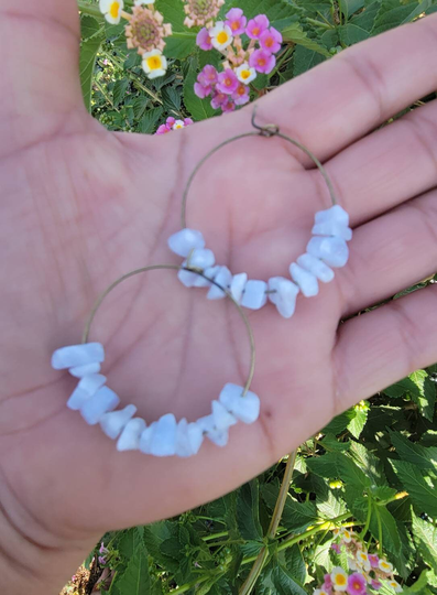 Blue Lace Agate Crystal Hoop Earrings, Boho Jewelry