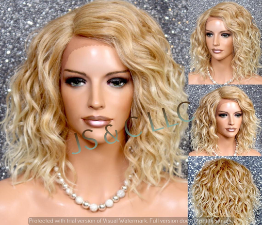Blonde Mixed Human Hair Blend Wig Lace Front L Shape Part Mono Handtied Short Curly Cancer Alopecia Theather Cosplay Drag