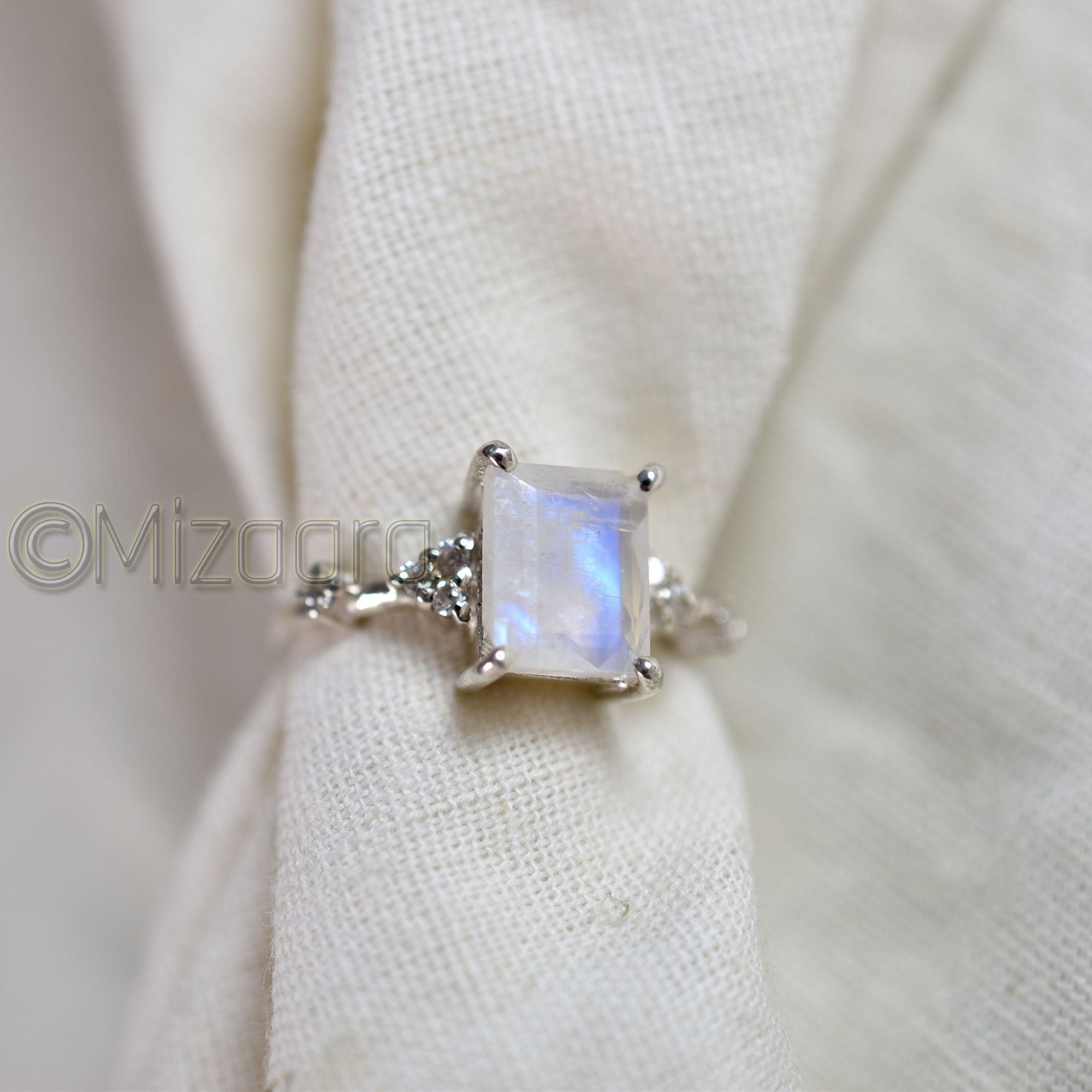 Blue Fire Moonstone 925 Sterling Silver Rainbow Ring June Birthstone Cz Wedding Gift Women's Elegant