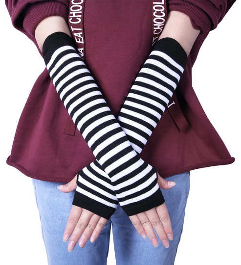 Emo Striped Arm Warmers | Fingerless Gloves Black & White