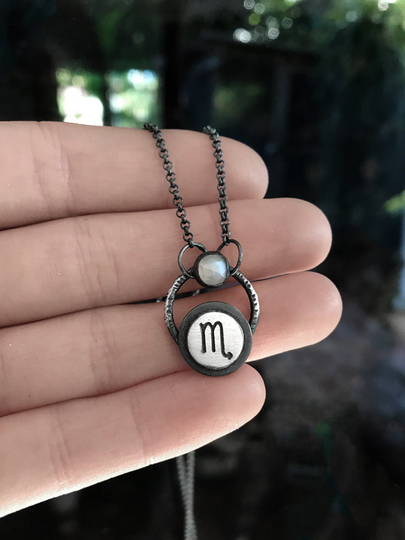 Scorpio Pendant With Rose Cut White Moonstone - Dainty Handmade Sterling Silver Zodiac Symbol Necklace Custom Sun Sign Astrology Jewelry