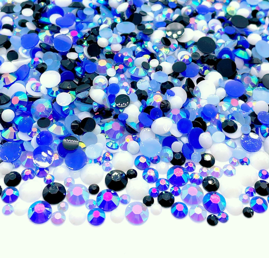 Blue Jay Blend Rhinestone Mix 3/4/5/6mm Flatback Jelly Resin Rhinestones Mixed Size, | White Black