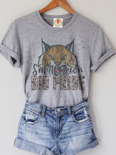Small Town Big Pride Bobcats Football Mom/ Shirt/ Sports Mom T-Shirt/ T-Shirt On Heather Gray Bobcat