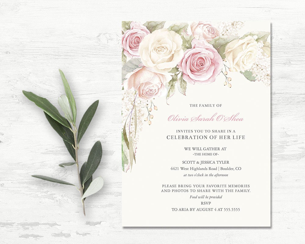 Floral Funeral Invitation, Celebration Of Life Invites, Memorial Service Announcement, Blush Rose Printable Template Printed Option