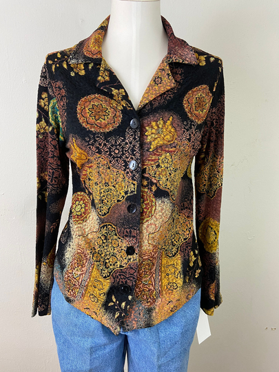 Vintage 70S Ruched Poly Blend Disco Classic Party Shirt, Cutaway Collared Blouse, Earth Color Matiz Fever Dance Shirt